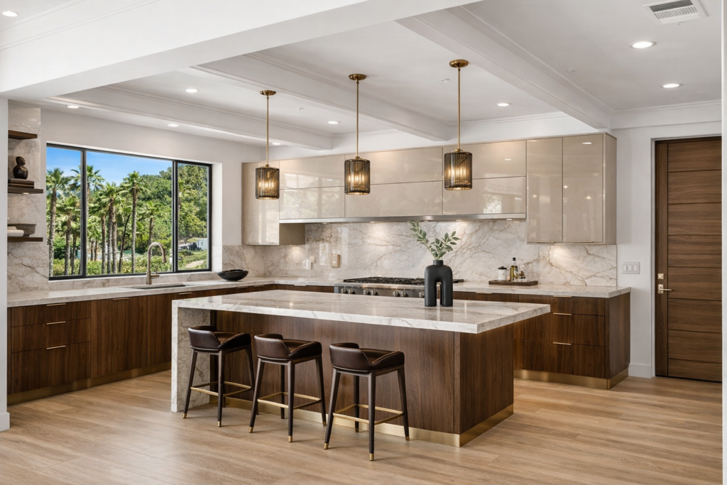 “Luxury modern kitchen in a multi-million dollar San Diego home featuring marble waterfall island, custom wood cabinetry, brass designer pendant lighting, and upscale finishes, represented by a San Diego luxury real estate agent.”